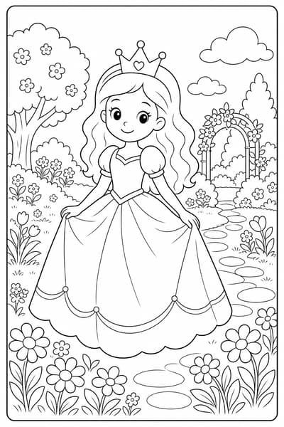 Princess in Garden printable princess coloring page for kids ages 6-8