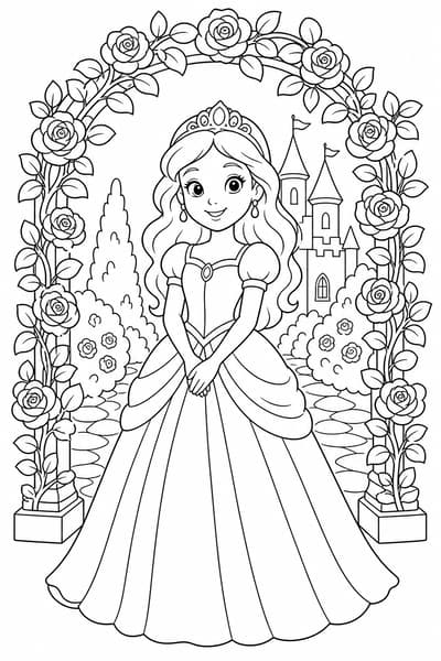 Princess in Rose Arch printable princess coloring page for kids ages 6-8