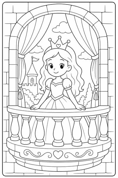 Princess on Balcony printable princess coloring page for kids ages 6-8