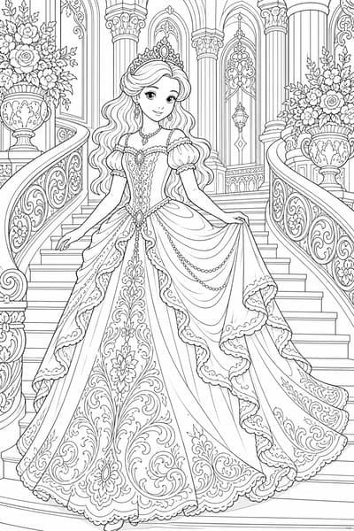 Princess Palace Stairs printable princess coloring page for kids ages 9-10