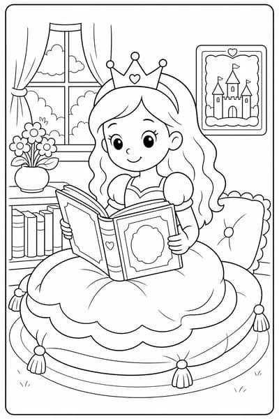 Princess Reading Book printable princess coloring page for kids ages 6-8