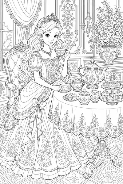 Princess Royal Tea Room printable princess coloring page for kids ages 9-10