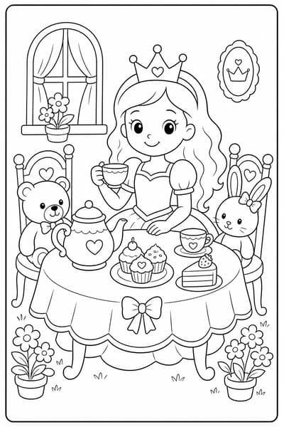 Princess Tea Party printable princess coloring page for kids ages 6-8