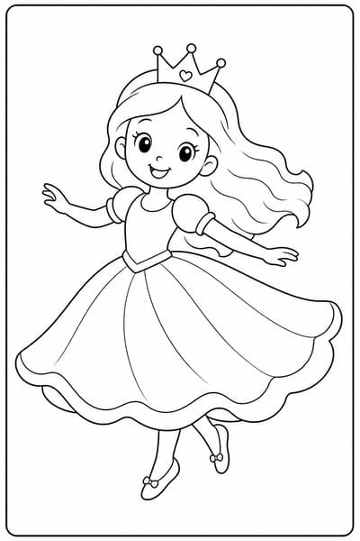 Princess Twirling printable princess coloring page for kids ages 3-5