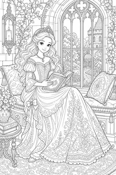 Detailed princess coloring page of a princess sitting in a castle window seat with a book and garden view.