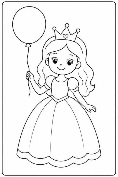 Princess with Balloon printable princess coloring page for kids ages 3-5