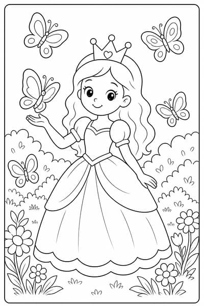 Princess with Butterflies printable princess coloring page for kids ages 6-8