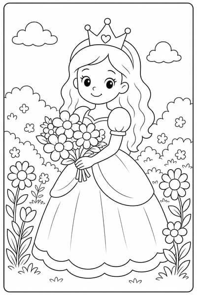 Princess with Flowers printable princess coloring page for kids ages 6-8