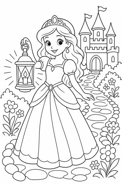 Princess with Lantern printable princess coloring page for kids ages 6-8