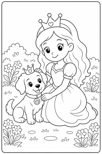 Princess with Royal Puppy printable princess coloring page for kids ages 6-8
