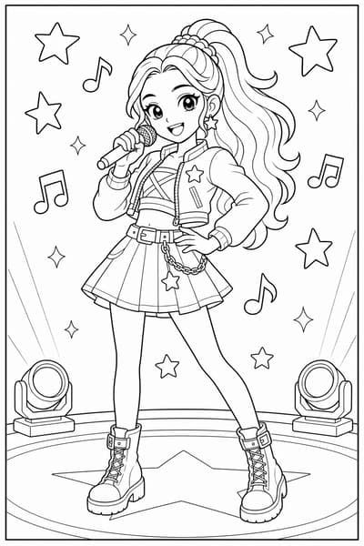 Rumi Pop Star Pose printable Rumi coloring page for kids ages 6-8
