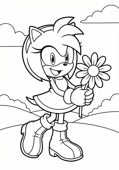 Amy Rose with flower Sonic coloring page for kids age 6-8