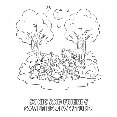 Sonic and friends campfire scene coloring page for kids age 9-10