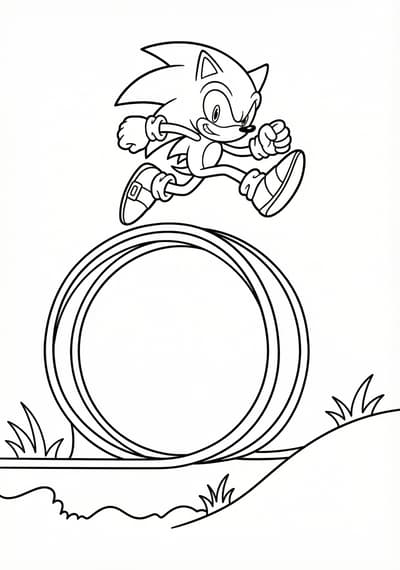 Sonic jumping over loop coloring page for kids age 6-8