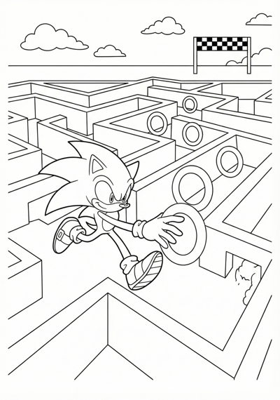 Sonic collecting rings in a maze coloring page for kids age 9-10