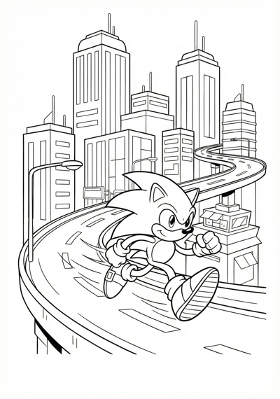 Sonic running on Speed Highway coloring page for kids age 9-10