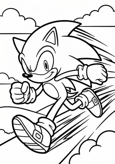 Sonic with speed lines coloring page for kids age 6-8