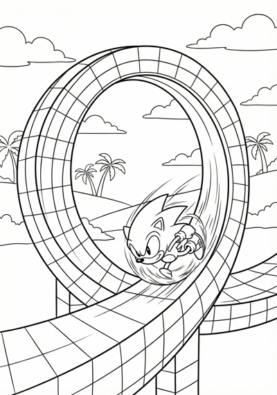 Sonic spin dash through loop coloring page for kids age 9-10