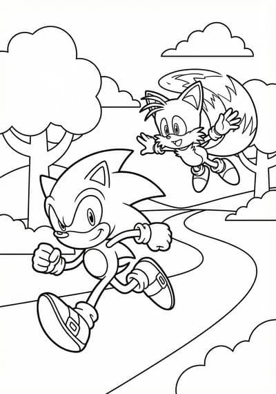 Sonic and Tails adventure scene coloring page for kids age 6-8