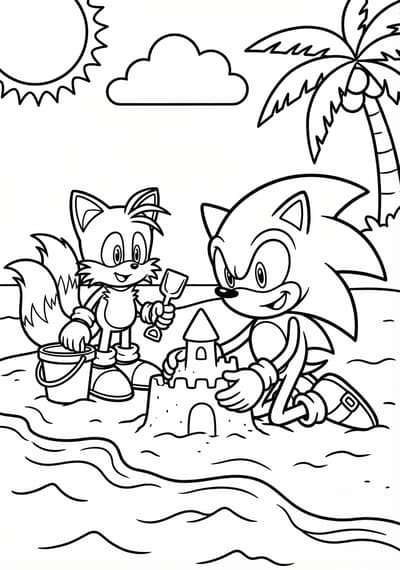 Sonic and Tails at the beach coloring page for kids age 6-8