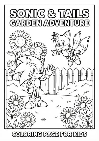 Sonic and Tails in a simple garden coloring page for kids age 6-8