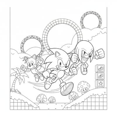 Sonic Tails and Knuckles on Green Hill coloring page for kids age 9-10