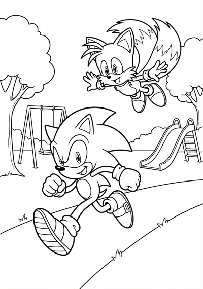 Sonic and Tails playing at the park coloring page for kids age 9-10