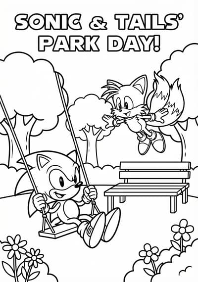 Sonic and Tails at the park coloring page for kids age 6-8