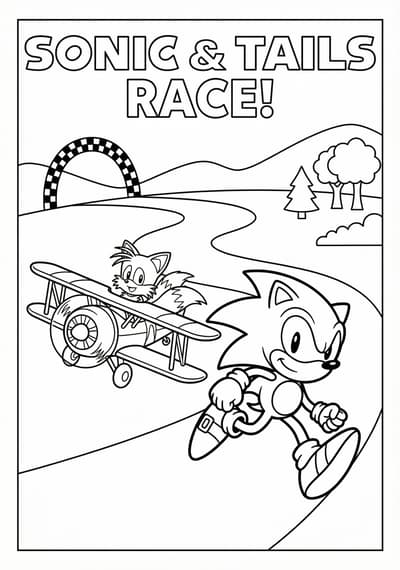 Sonic and Tails racing scene coloring page for kids age 6-8