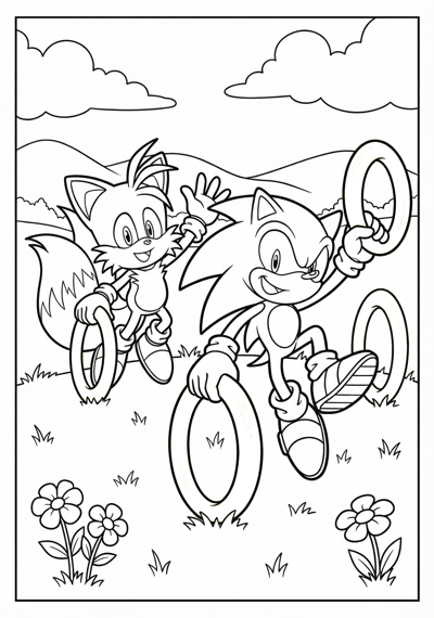 Sonic and Tails collecting rings coloring page for kids age 6-8