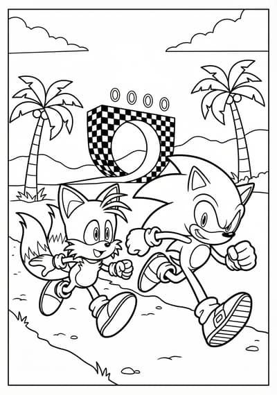 Sonic and Tails running Sonic coloring page for kids age 6-8