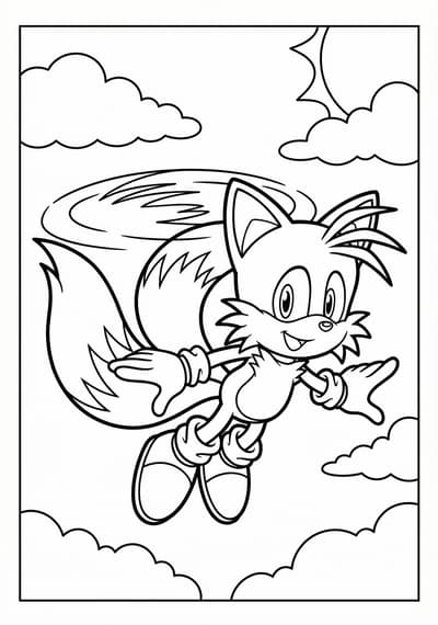 Tails flying Sonic coloring page for kids age 6-8