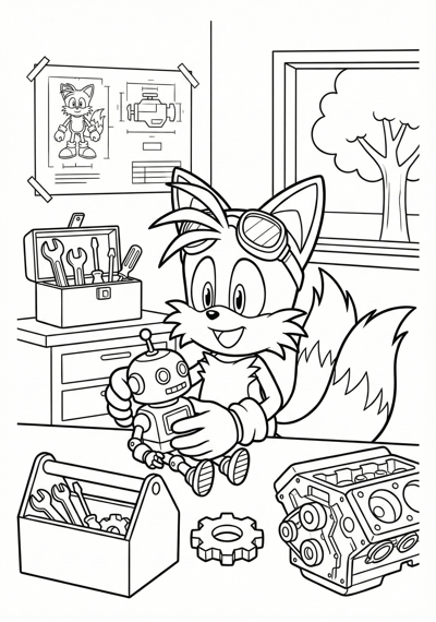 Tails in his workshop coloring page for kids age 9-10