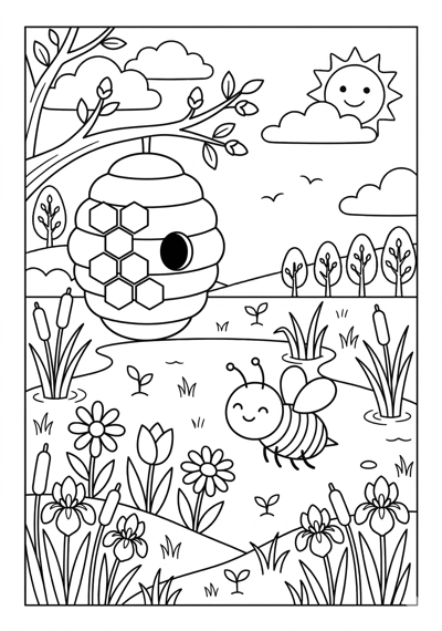 Bee and hive spring coloring page for kids age 6-8