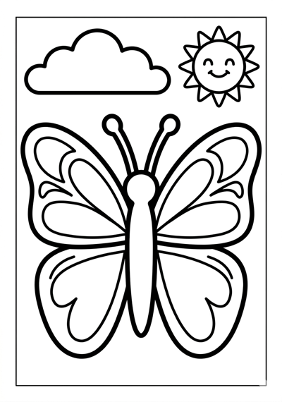 Simple big butterfly spring coloring page for preschool kids age 3-5, minimal detail