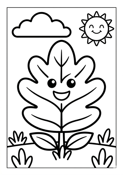 One big leaf spring coloring page for kids age 3-5, thick outlines