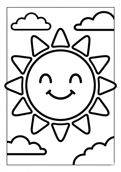 Simple big sun spring coloring page for kids age 3-5, very thick outlines and large shapes