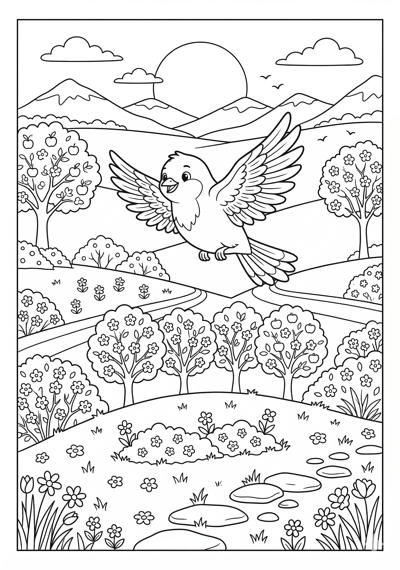 Bird flying over hills and trees spring coloring page for kids age 9-10