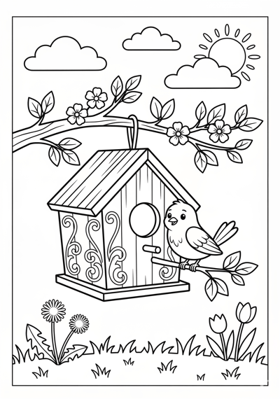 Birdhouse spring coloring page for kids age 6-8