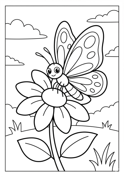 Butterfly on flower spring coloring page for kids age 6-8
