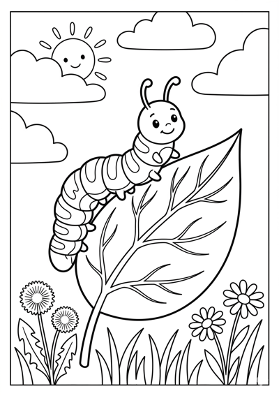 Caterpillar on leaf spring coloring page for kids age 6-8