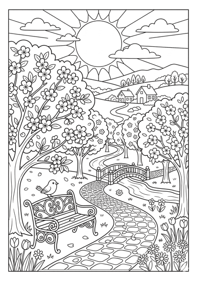 Cherry blossom path spring coloring page for kids age 9-10