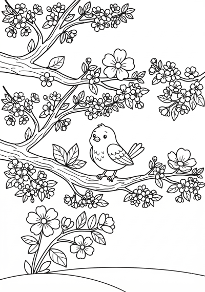 Cherry blossoms branch spring coloring page for kids age 6-8