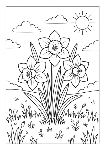 Daffodils spring coloring page for kids age 6-8
