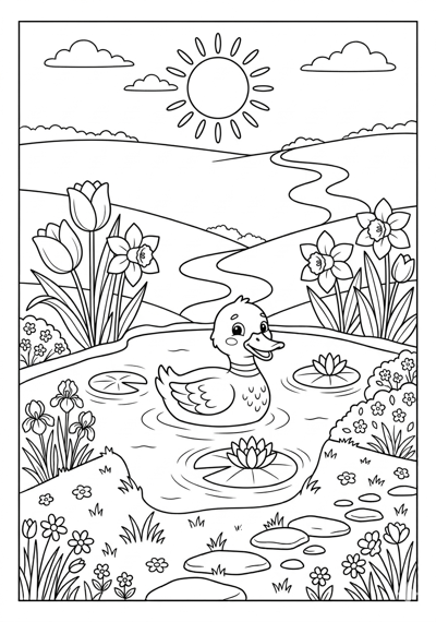 Duck in pond spring coloring page for kids age 6-8