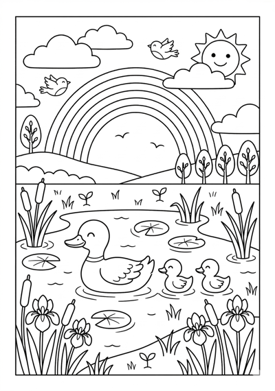 Duckling family spring coloring page for kids age 6-8