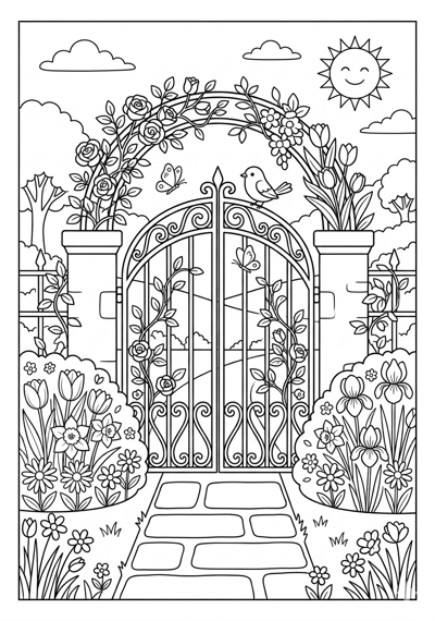 Garden gate with flowers spring coloring page for kids age 9-10