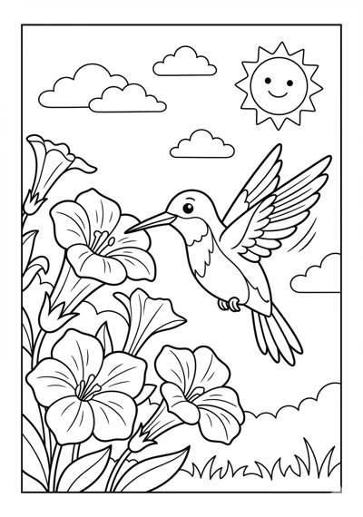 Hummingbird at flower spring coloring page for kids age 6-8