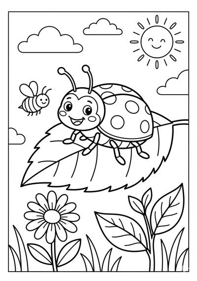 Ladybug on leaf spring coloring page for kids age 6-8