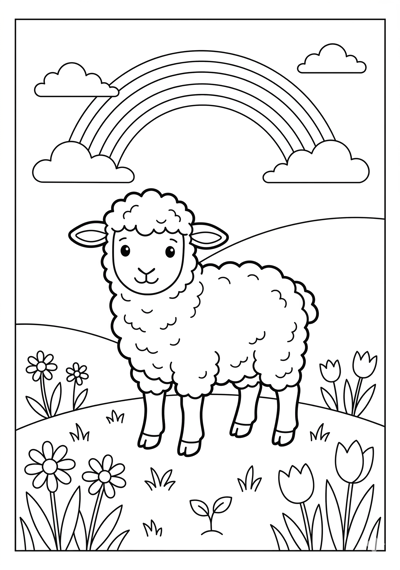 Spring lamb coloring page for kids age 6-8